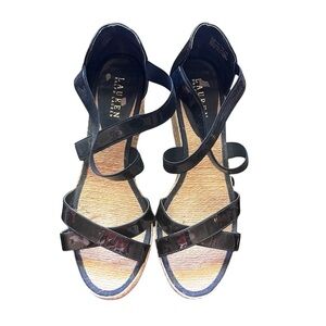 Lauren Ralph Lauren Navy Patent Leather Cortney Women Wedge Sandals 11B
